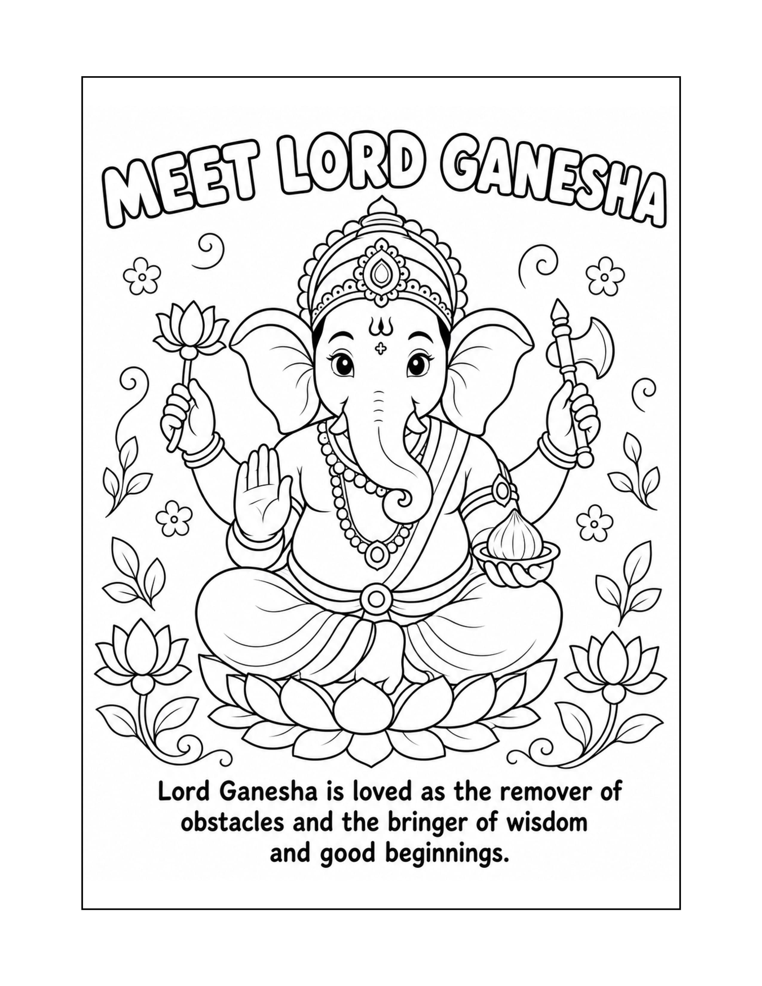 Sample interior page 1 from Lord Ganesha Coloring and Activity Book for Kids Ages 4–8