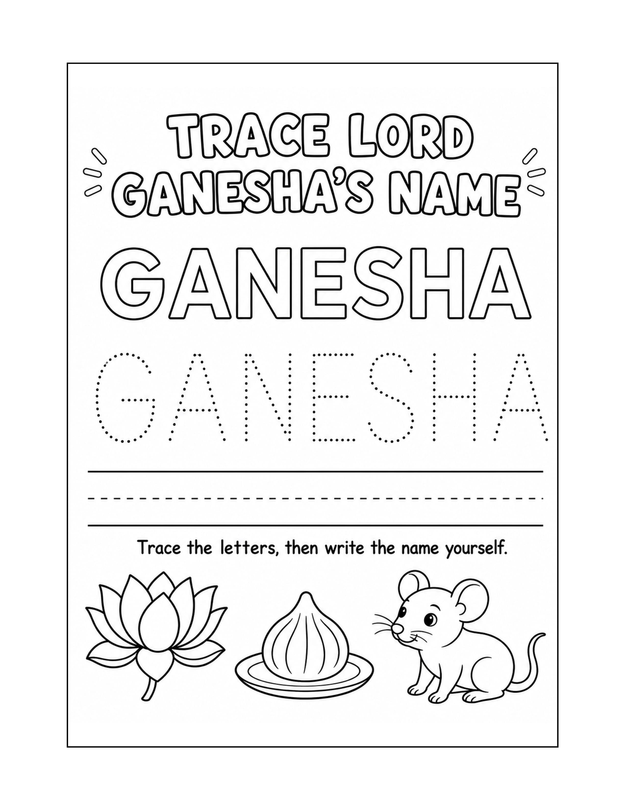 Sample interior page 4 from Lord Ganesha Coloring and Activity Book for Kids Ages 4–8